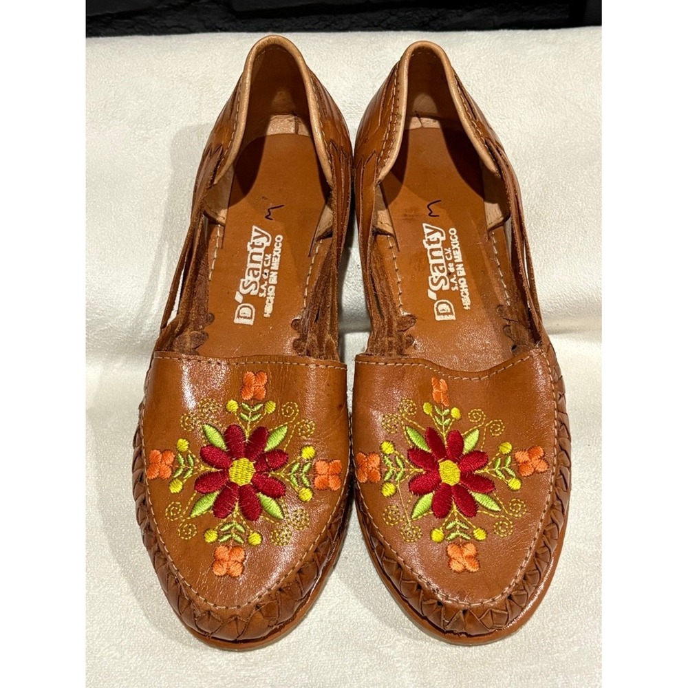 D'Santy Huarache Sandals Women‎ 7 Brown Floral Embroidered Leather Woven Flats